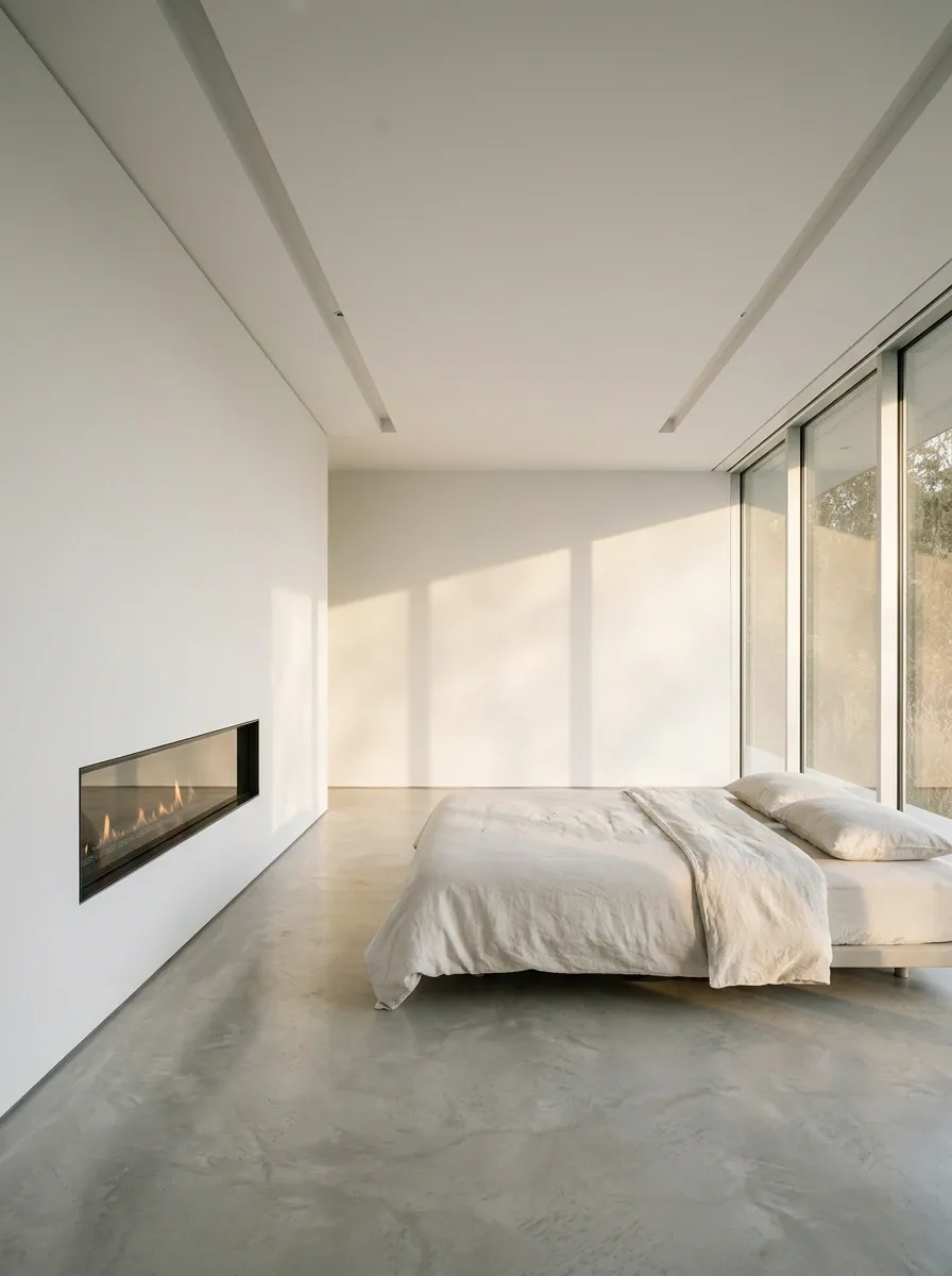 Minimal White Bedroom With Linear Fireplace and Concrete Floor
