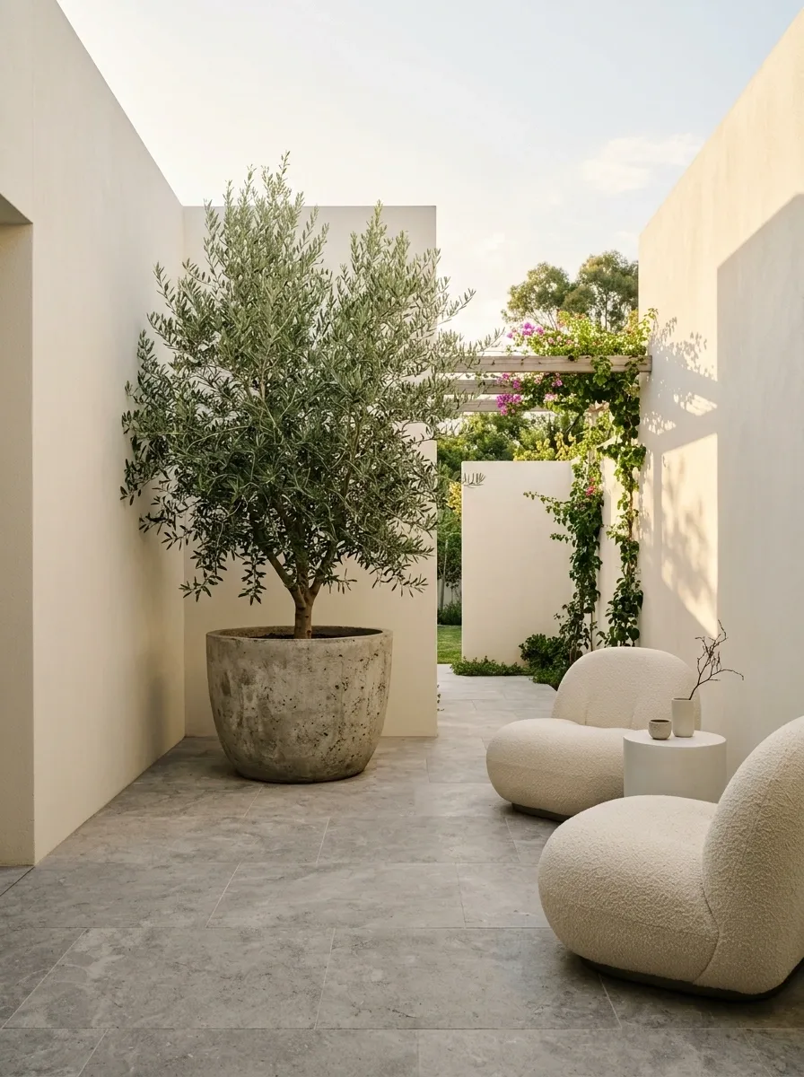 Minimal White Patio With One Oversized Plant and Sculptural Seating