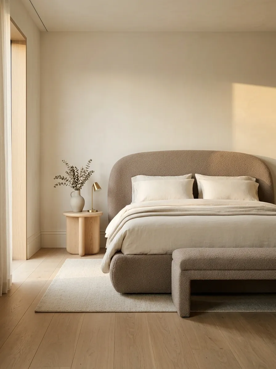 Minimalist Bedroom With a Curved Upholstered Bed