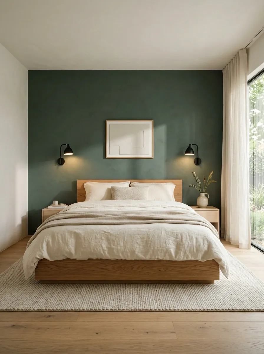 Minimalist Bedroom With a Deep Green Accent Wall