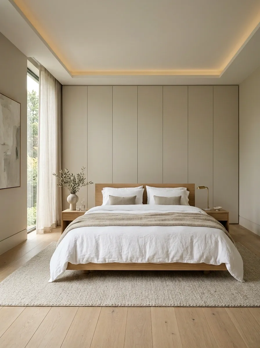 Minimalist Bedroom With a Hidden Wardrobe Wall