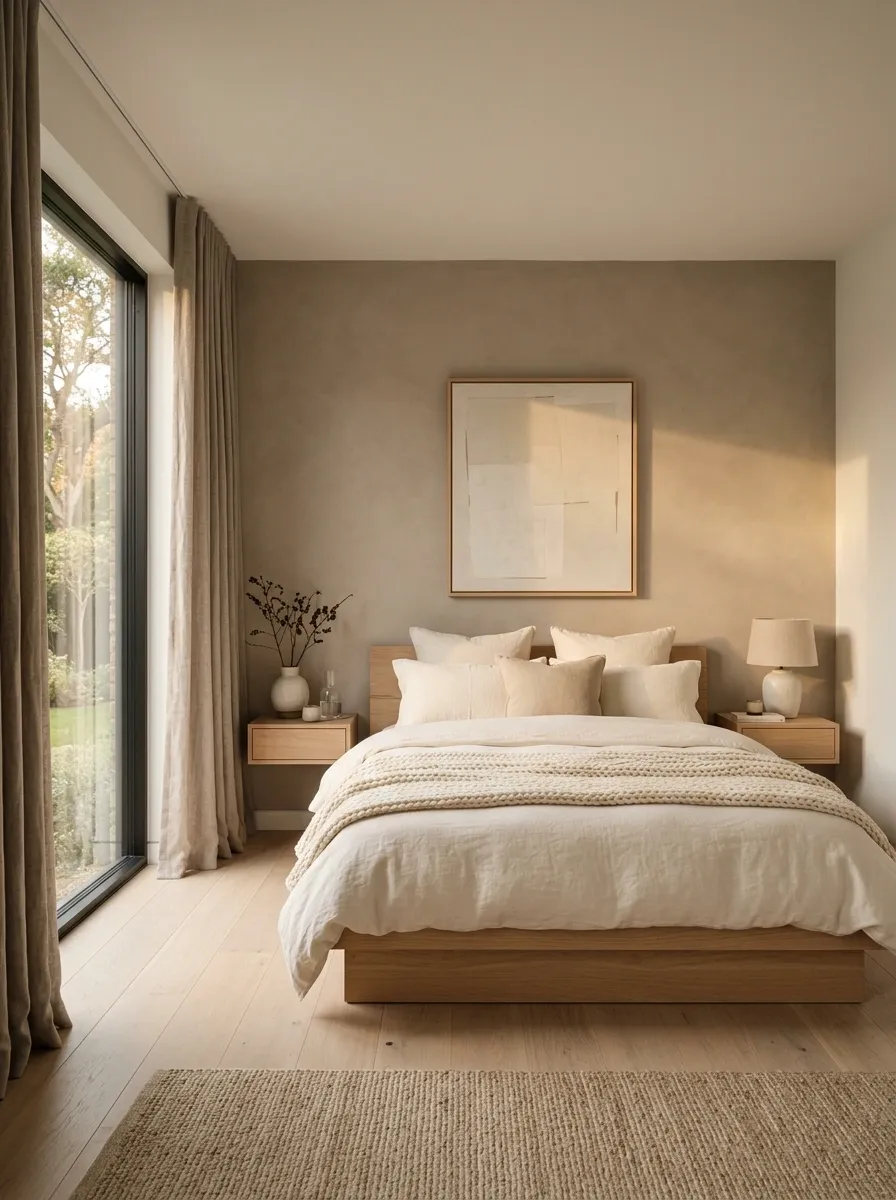 Minimalist Bedroom With a Soft Taupe Accent Wall