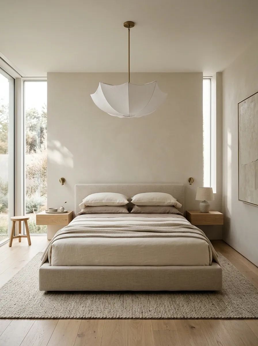 Minimalist Bedroom With a Statement Pendant