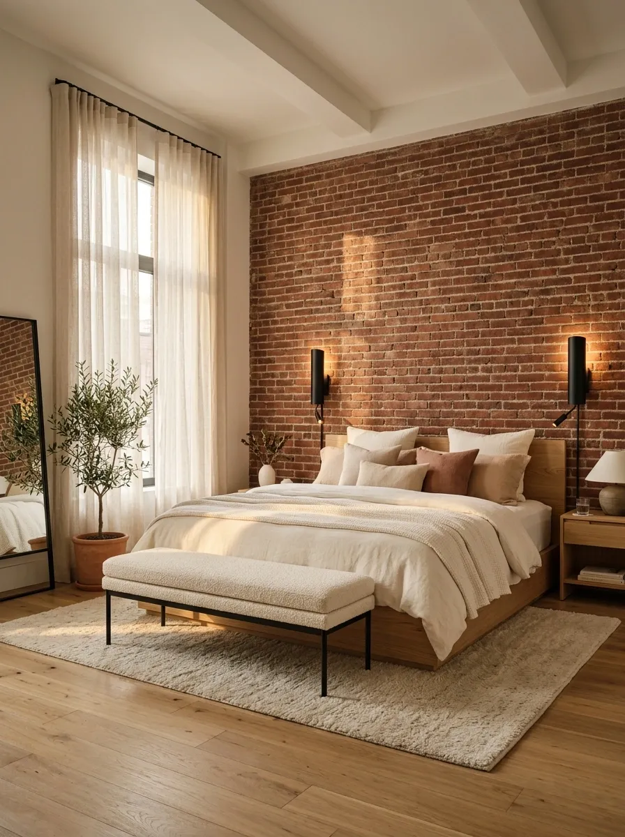 Minimalist Bedroom With Exposed Brick and Soft Textiles