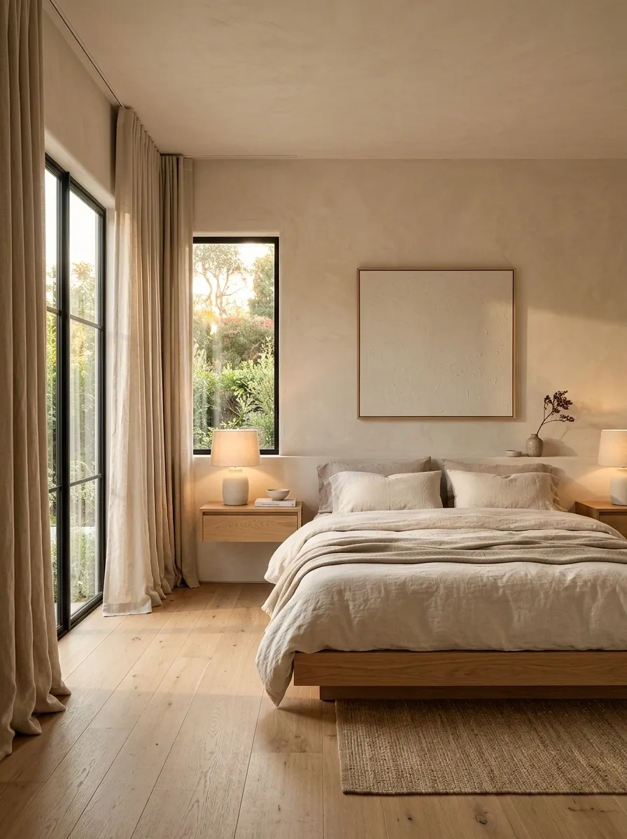 Minimalist Bedroom With Plaster Walls, Linen Curtains, and Floating Nightstands