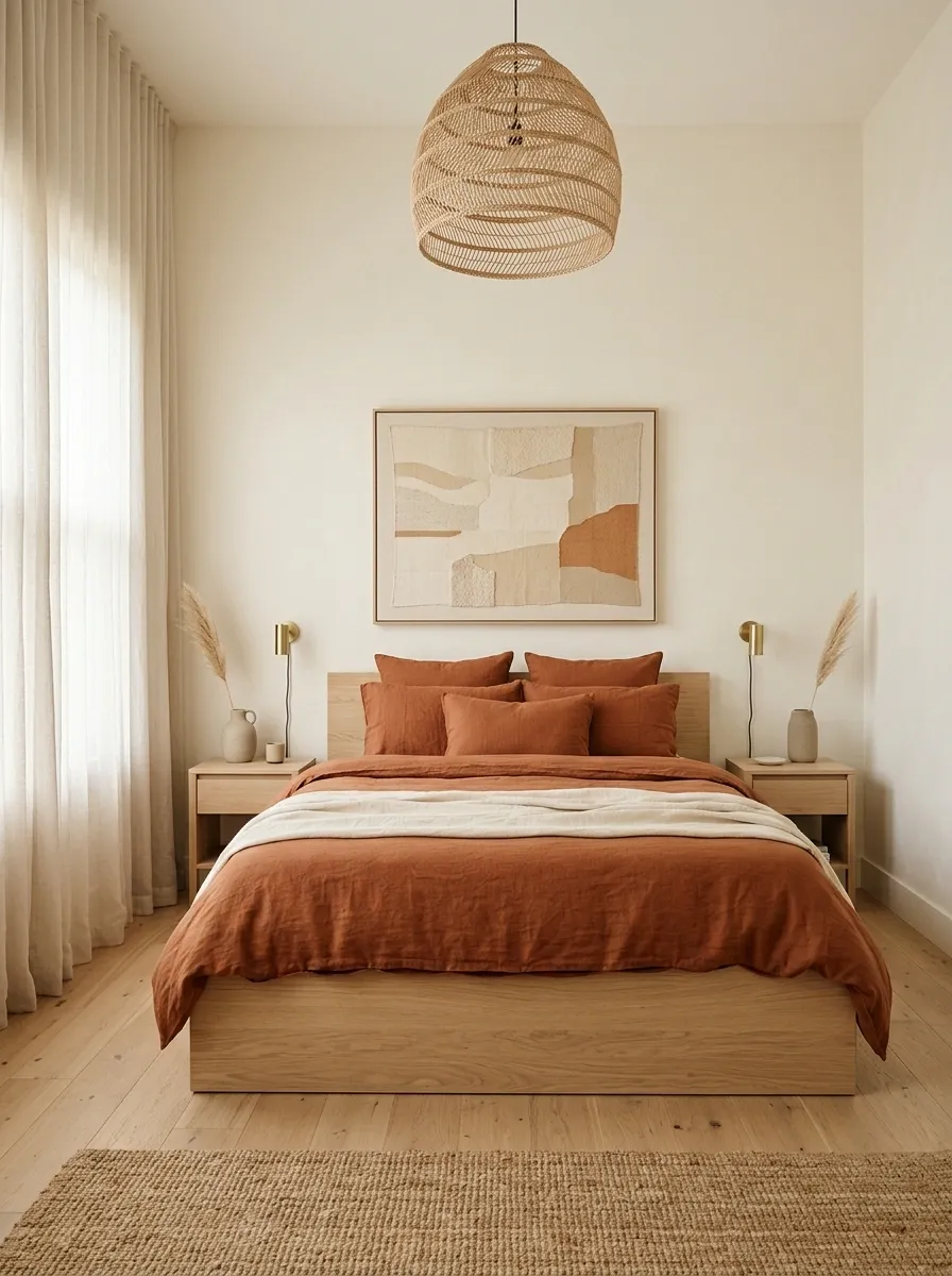 Minimalist Bedroom With Terracotta Bedding and Pale Oak Furniture
