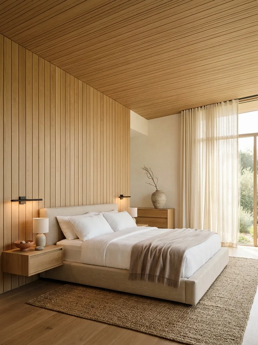 Minimalist Bedroom With Warm Wood Ceiling Panels