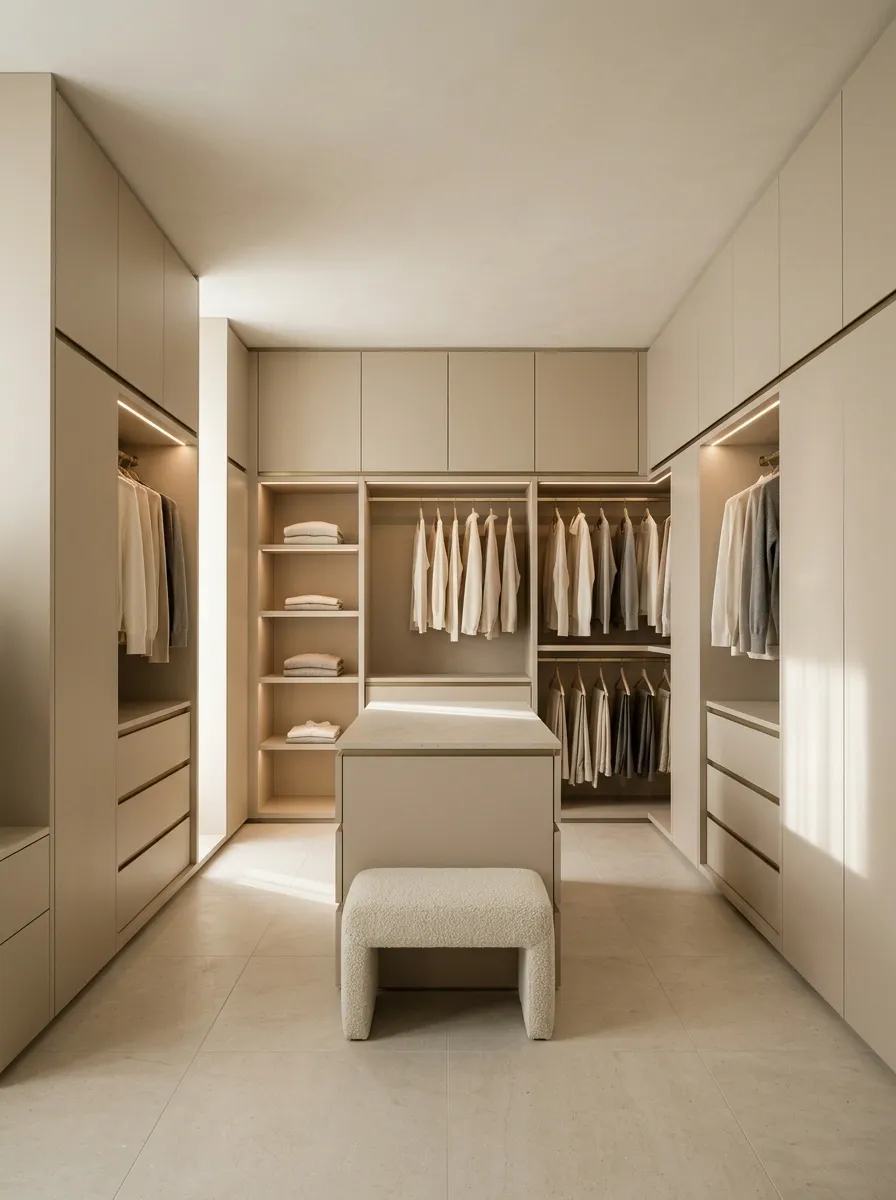 Minimalist Closet With Seamless Beige Cabinetry
