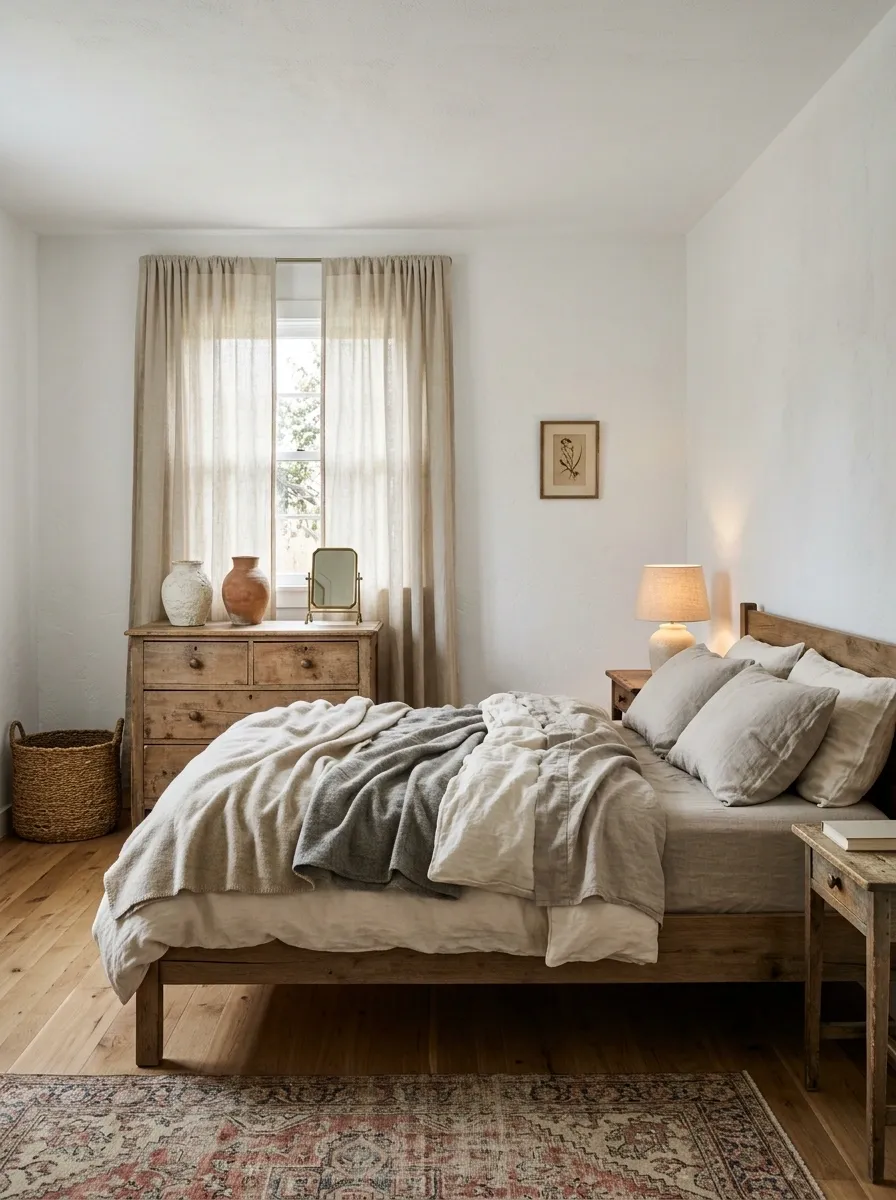 Minimalist Cottage Bedroom With White Walls and Aged Wood Furniture