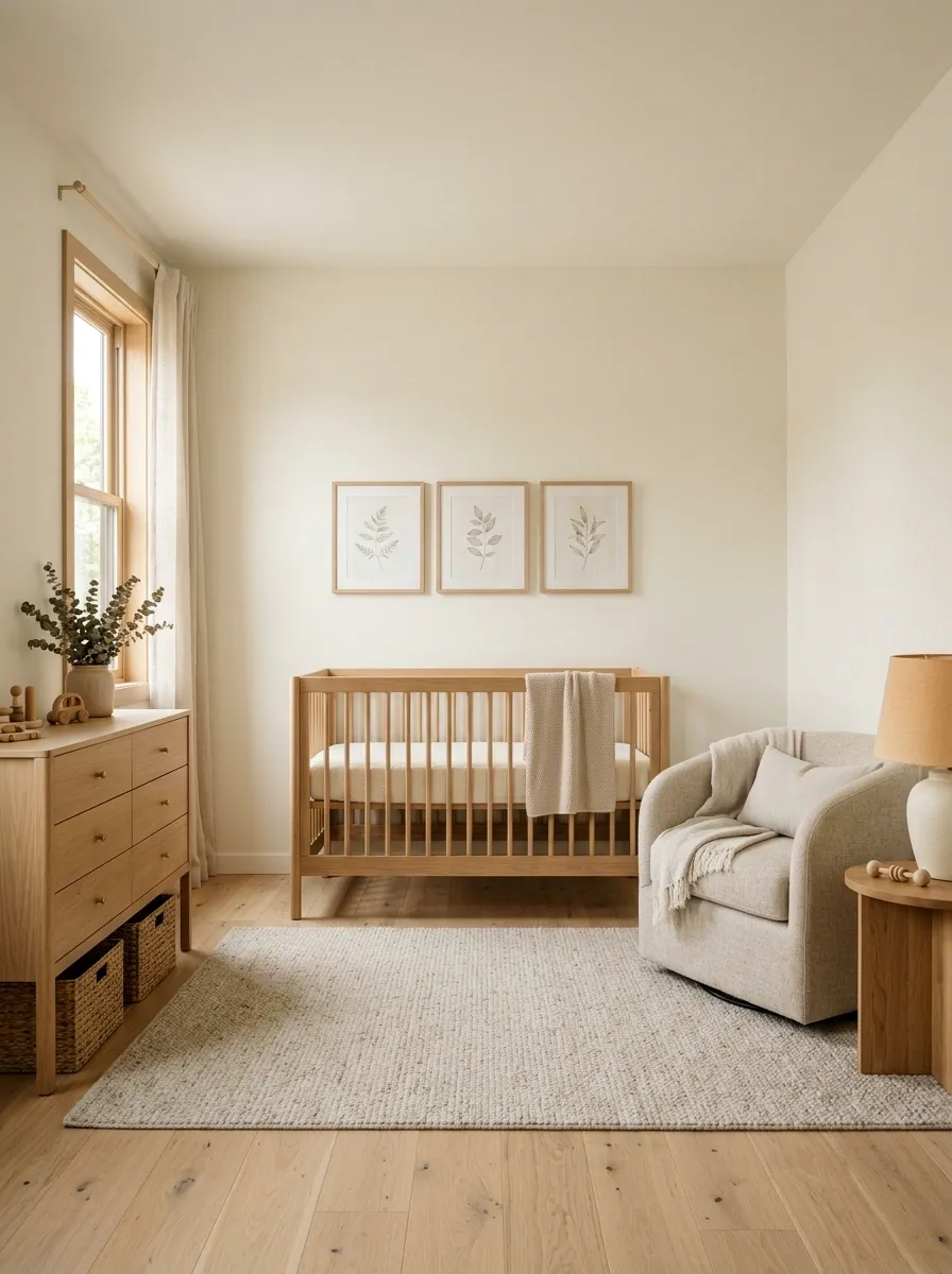 Minimalist Cozy Nursery With Natural Wood and Soft Oat Tones