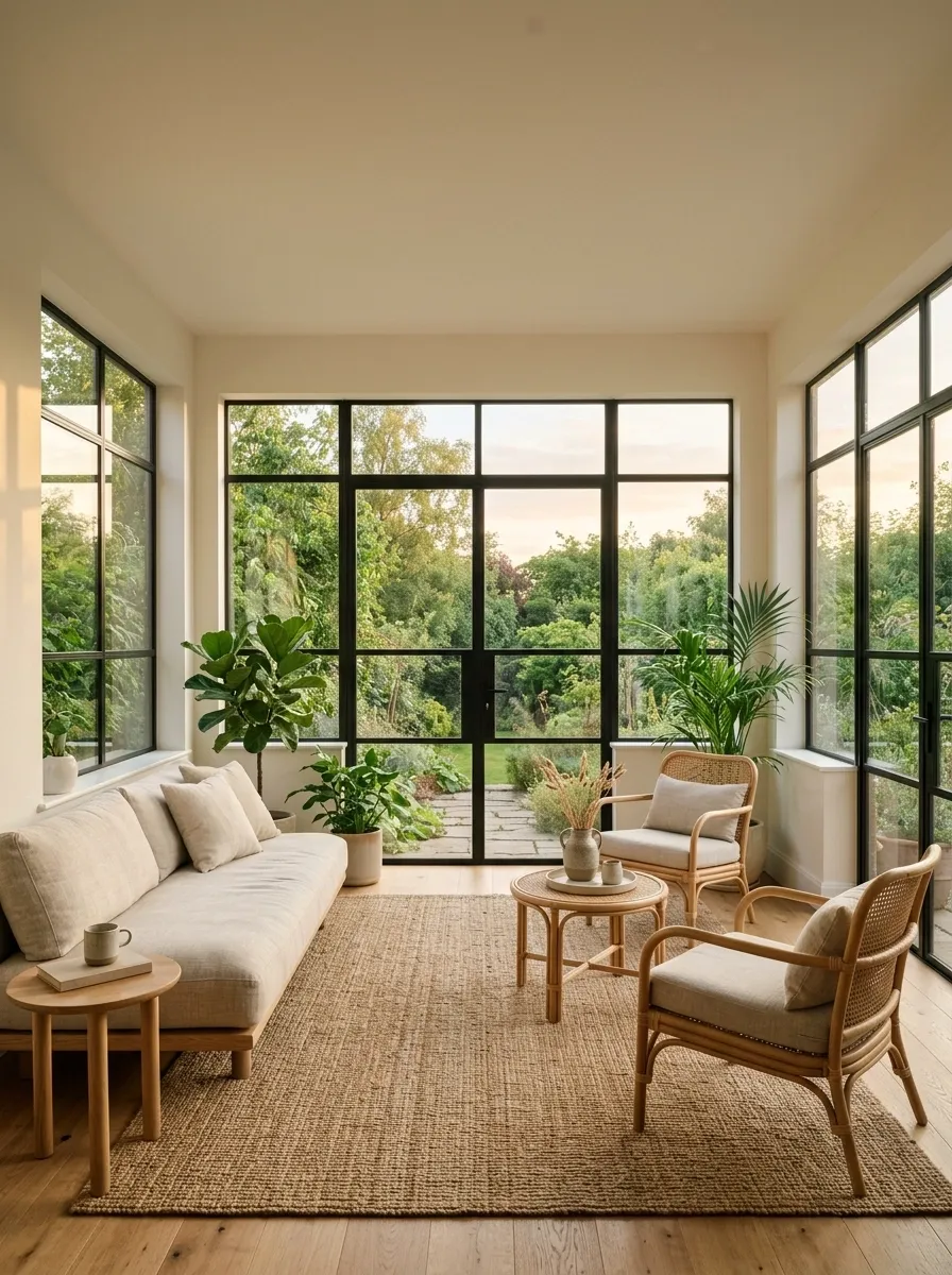 Minimalist Cozy Sunroom With Rattan, Linen, and Natural Light