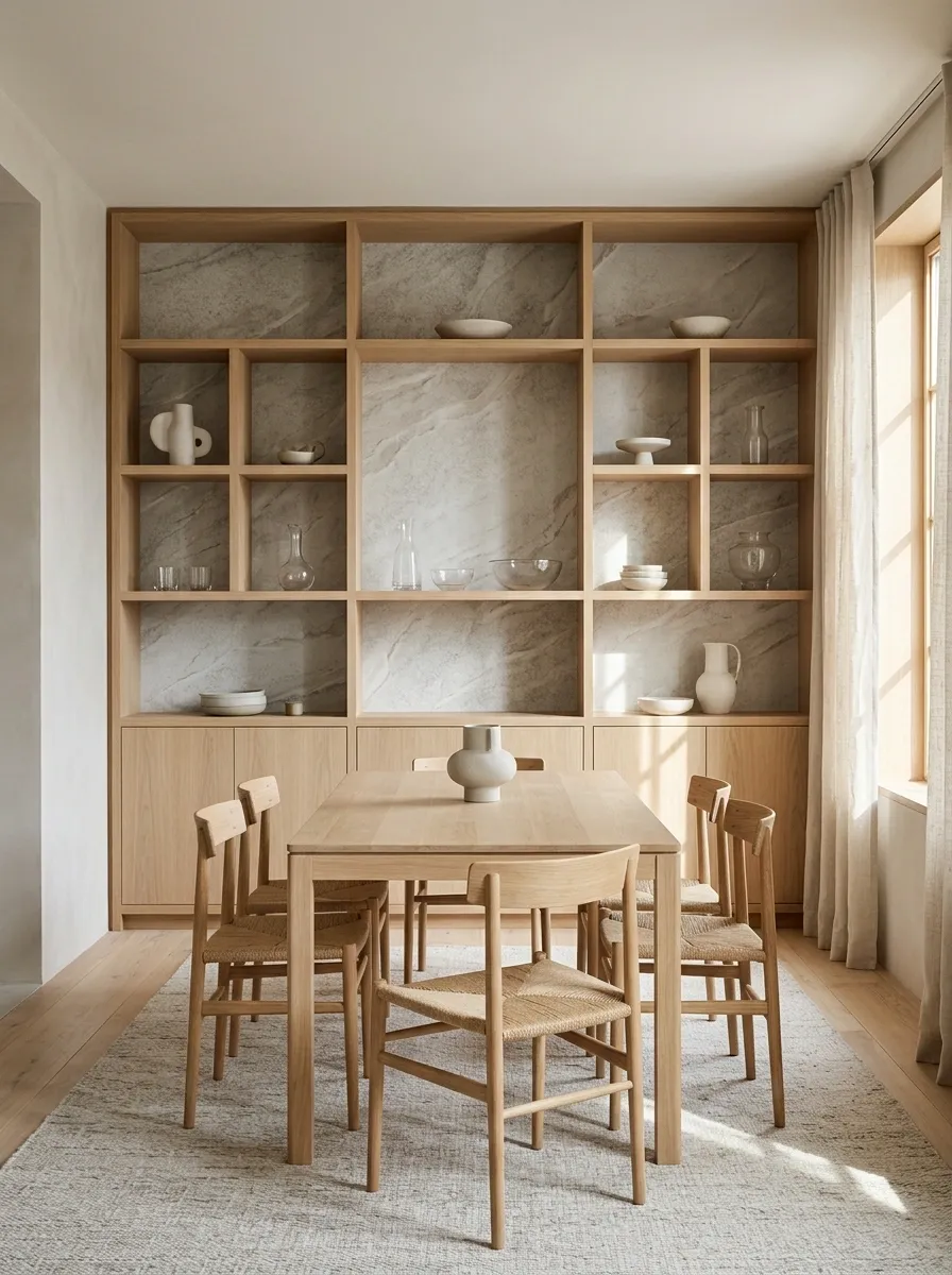 Minimalist Dining Room With Stone-Look Wallpaper Behind Oak Shelves