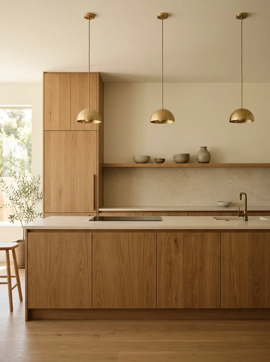 Minimalist Earth-Tone Kitchen With Oak Cabinets and Stone Counters