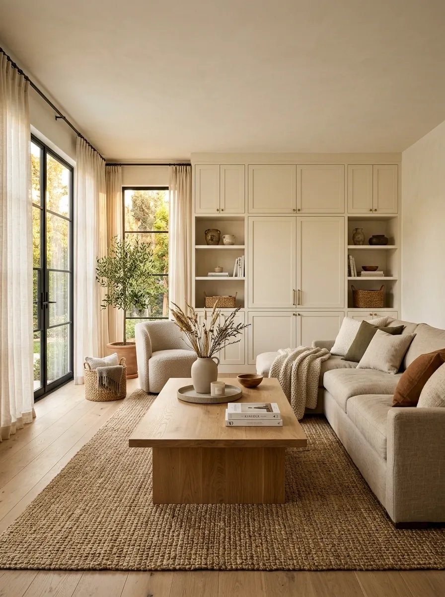 Minimalist Family Room With Deep Sectional and Hidden Media Storage