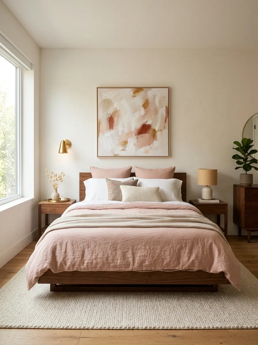 Minimalist Girly Bedroom With Blush Bedding and Low Walnut Furniture