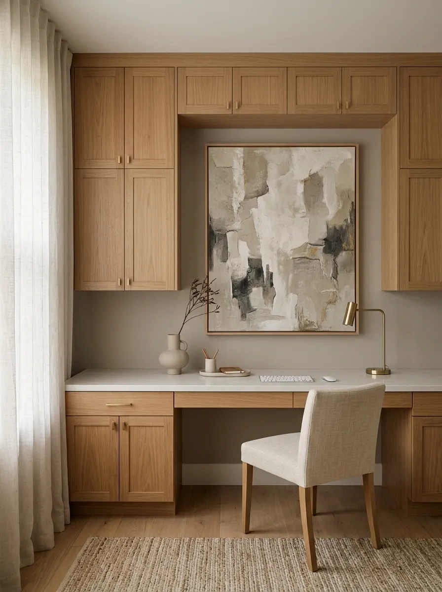 Minimalist Home Office With Built-In Desk and Full Wall Storage