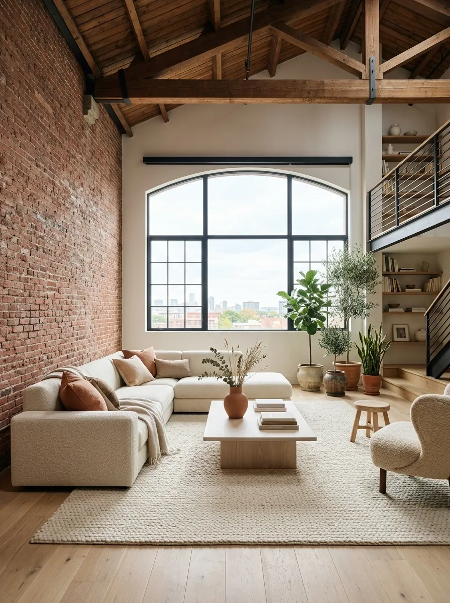 Minimalist Loft Living Room With Exposed Brick and Soft Neutral Furniture
