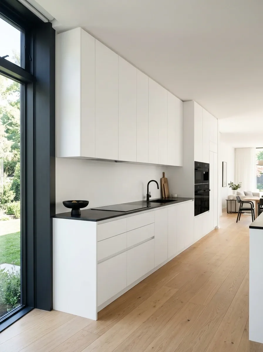 Minimalist One-Wall Kitchen With Black Appliances and White Cabinetry