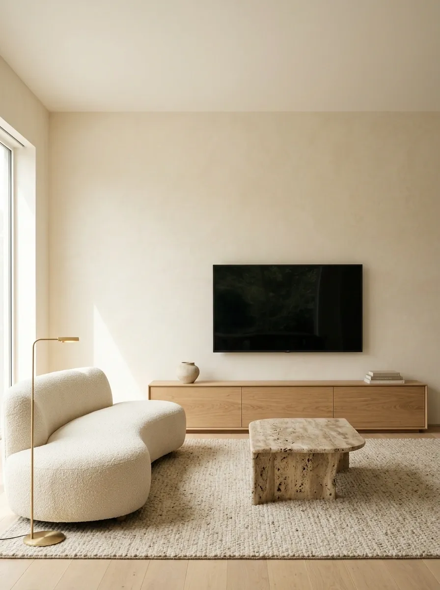 Minimalist Plaster TV Wall With Sculptural Furniture