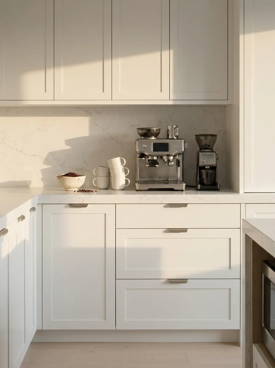 Minimalist White Coffee Station With Hidden Supply Storage