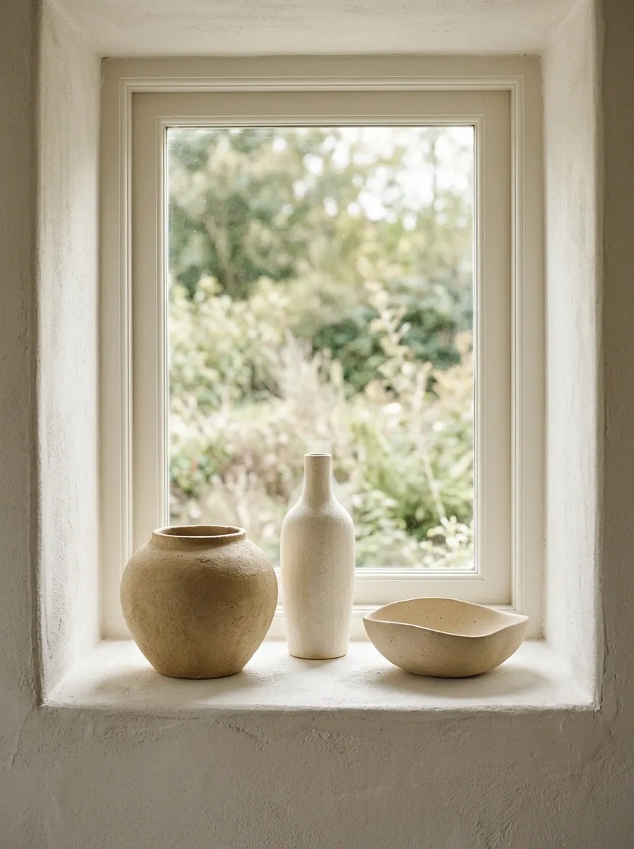 Minimalist Window With Three Sculptural Ceramic Objects