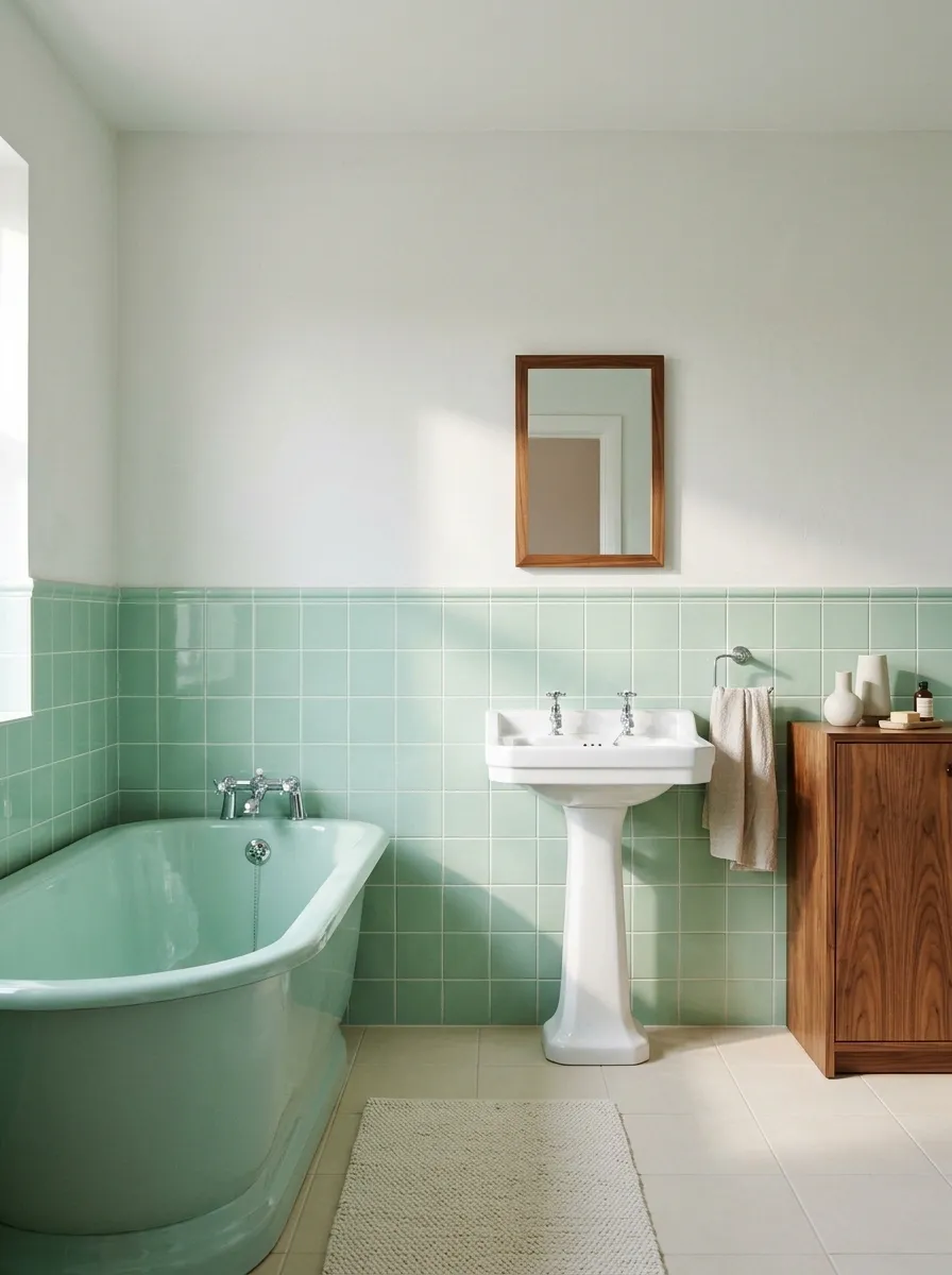 Mint Bathroom With a Matching Bath and a Walnut Storage Cabinet