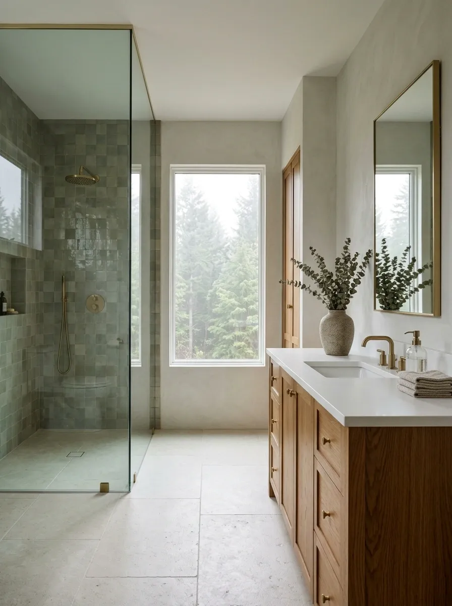 Misty Woodland Bathroom With Gray-Green Tile and a Timber Vanity