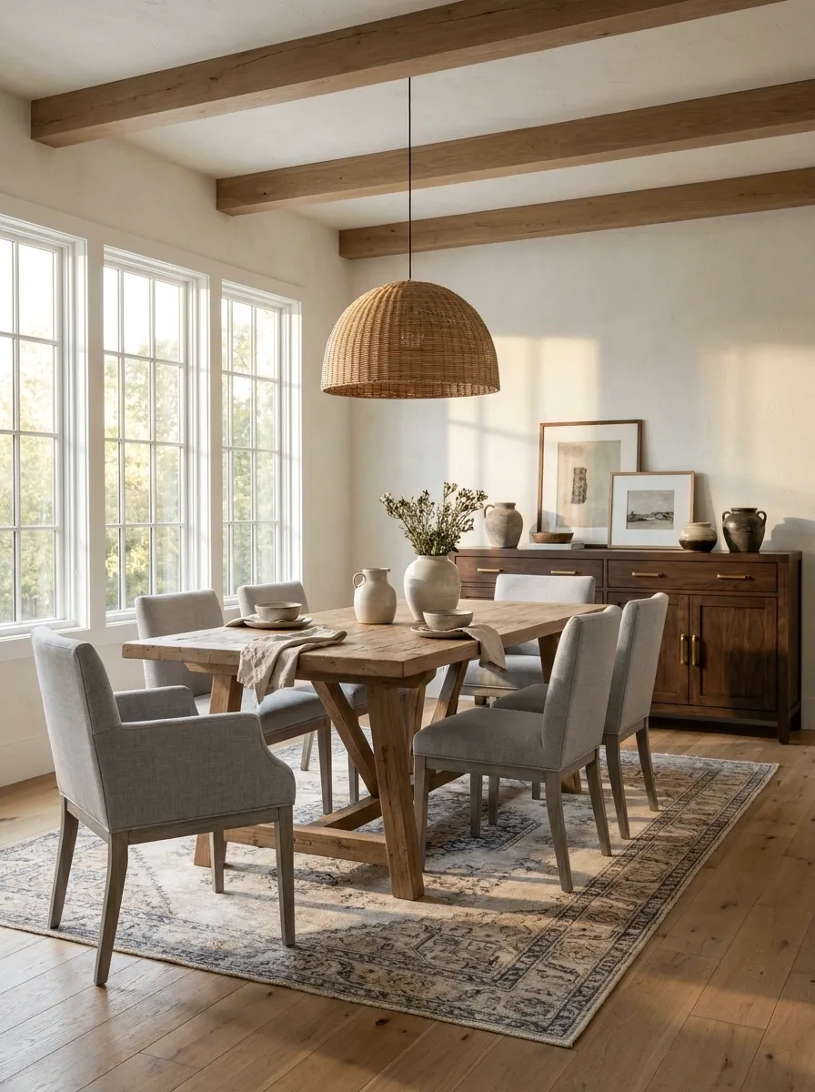 Mixed-Wood Farmhouse Dining Room With Collected Character