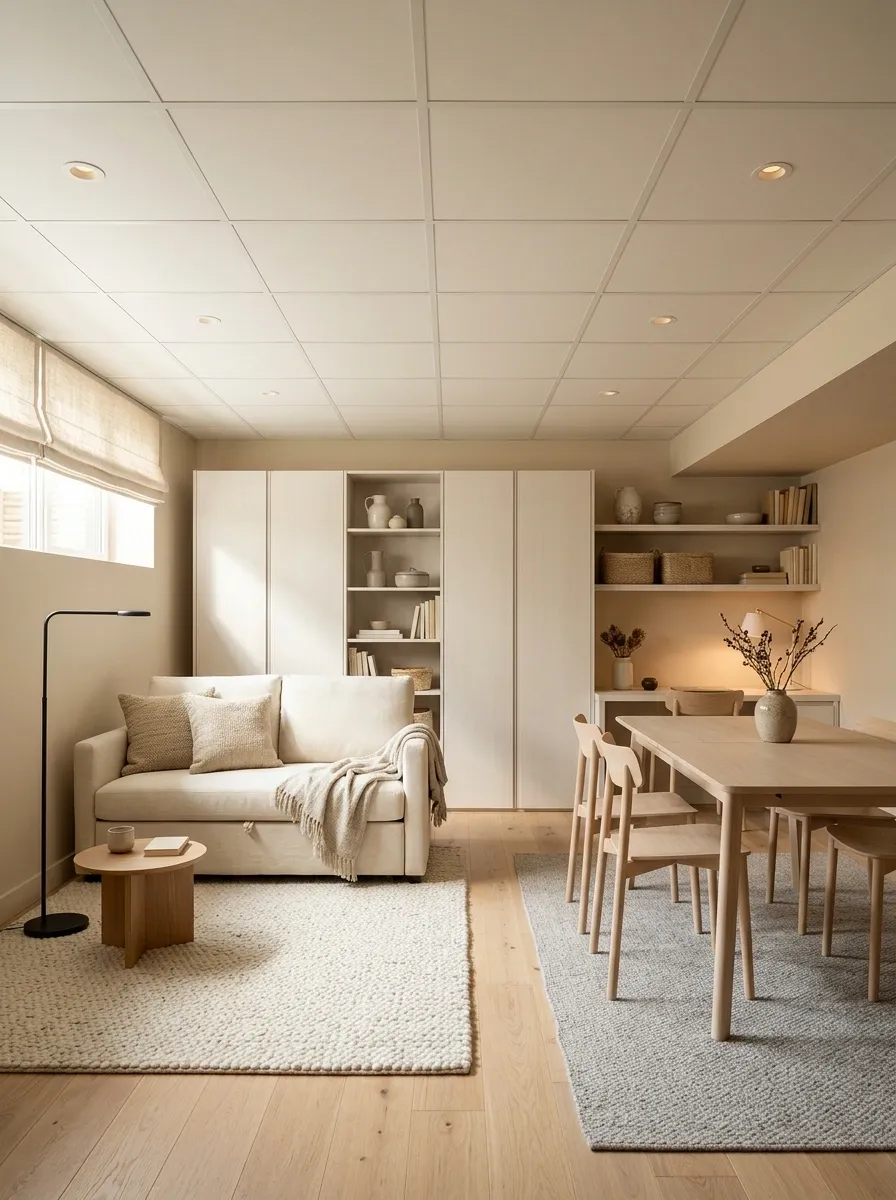 Modern Apartment Basement With a Warm Neutral Ceiling and Flexible Furniture