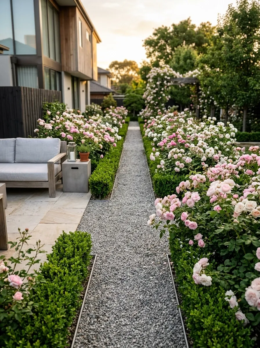 Modern Backyard Rose Garden With Straight Gravel Paths