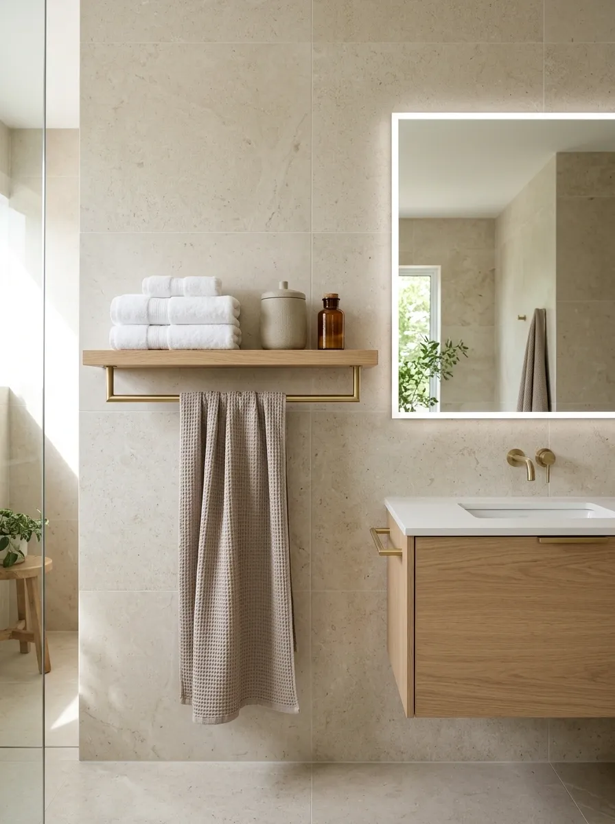 Modern Bathroom With a Long Wall-Mounted Towel Rail and Shelf
