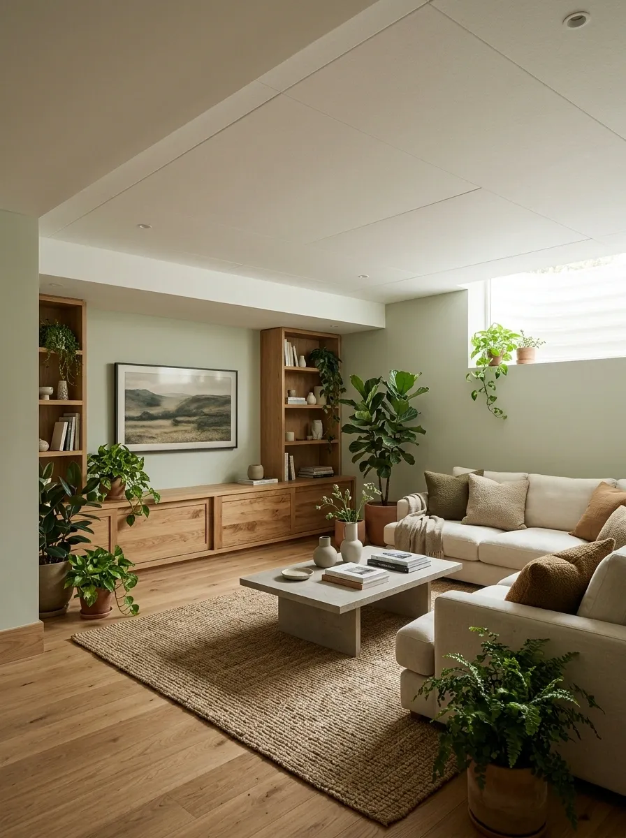 Modern Biophilic Basement With a Natural-Looking Ceiling
