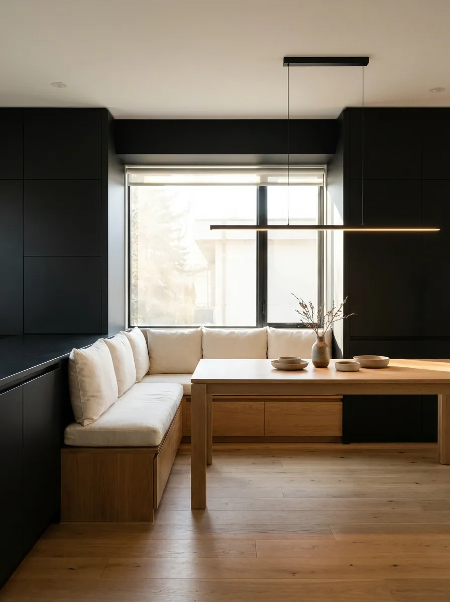 Modern Black-and-Oak Banquette With Linear Lighting