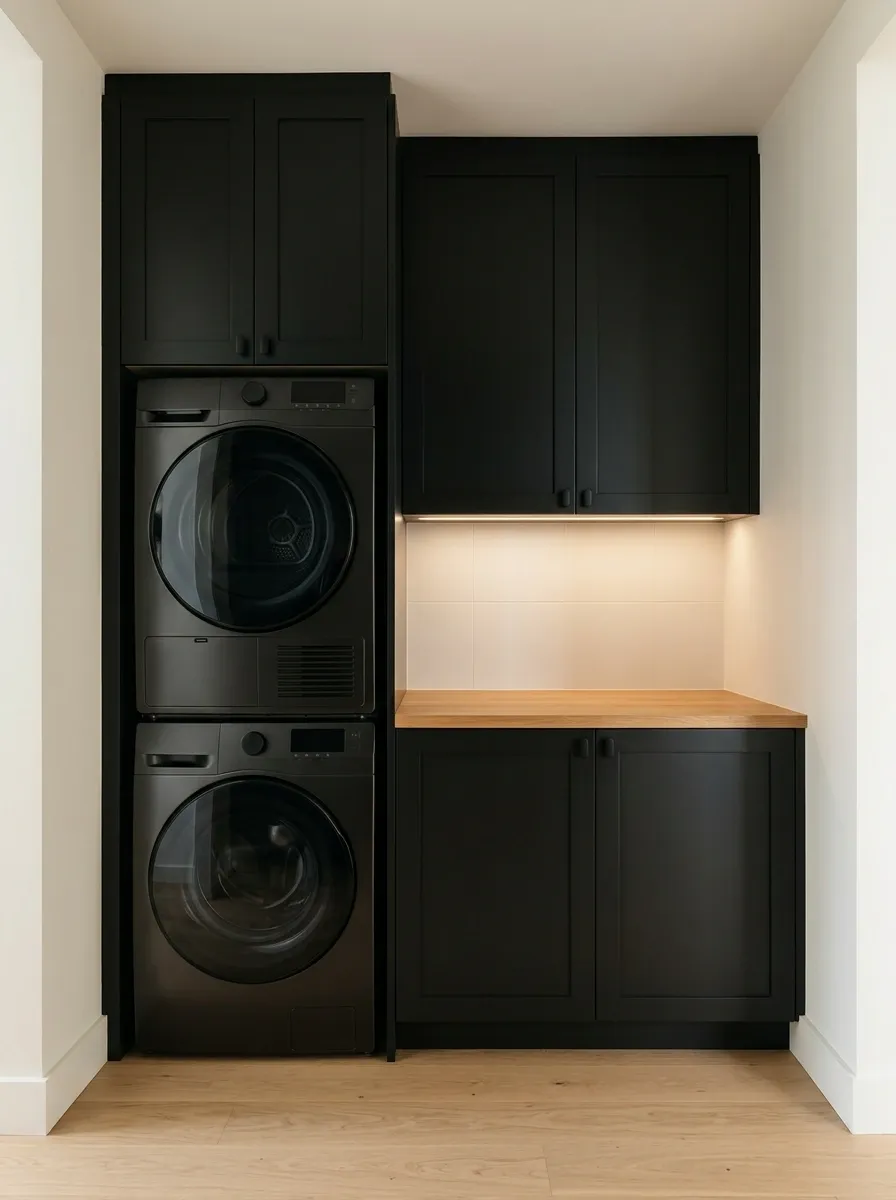 Modern Black-and-Wood Laundry Wall