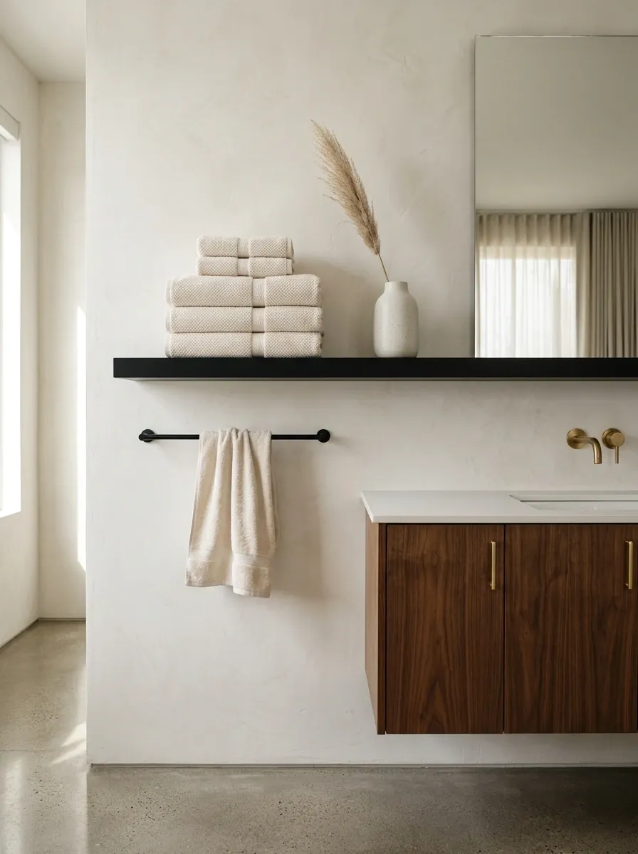 Modern Black Bathroom With a Floating Towel Shelf