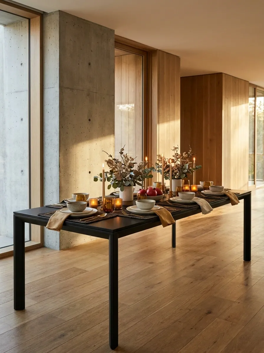 Modern Black Dining Table With Soft Ivory Thanksgiving Styling