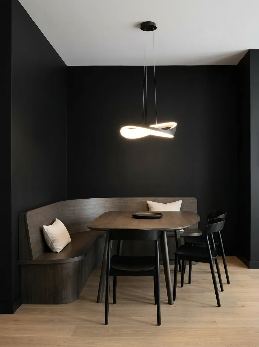 Modern Black Nook With Smoked Oak and Sculptural Lighting