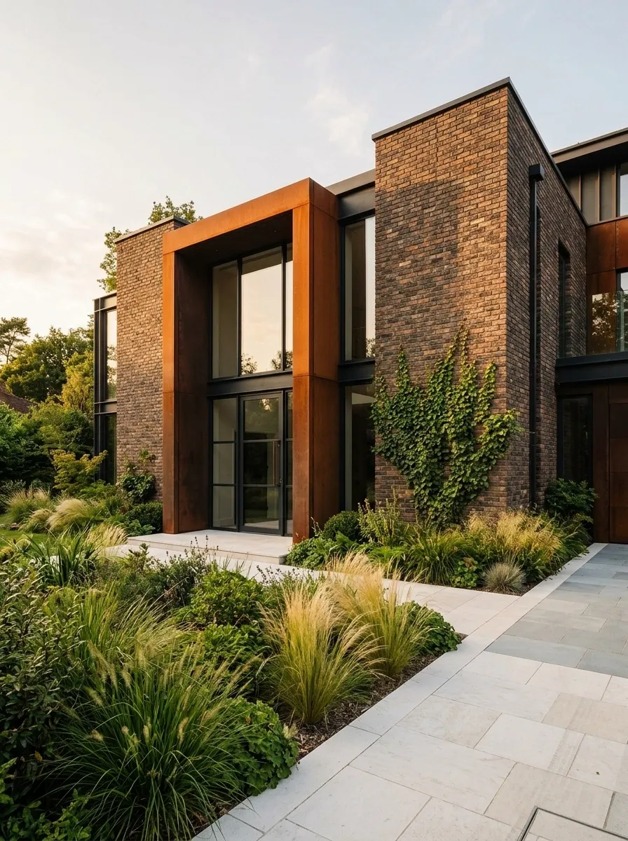 Modern Brick and Weathering-Steel House With a Planted Front