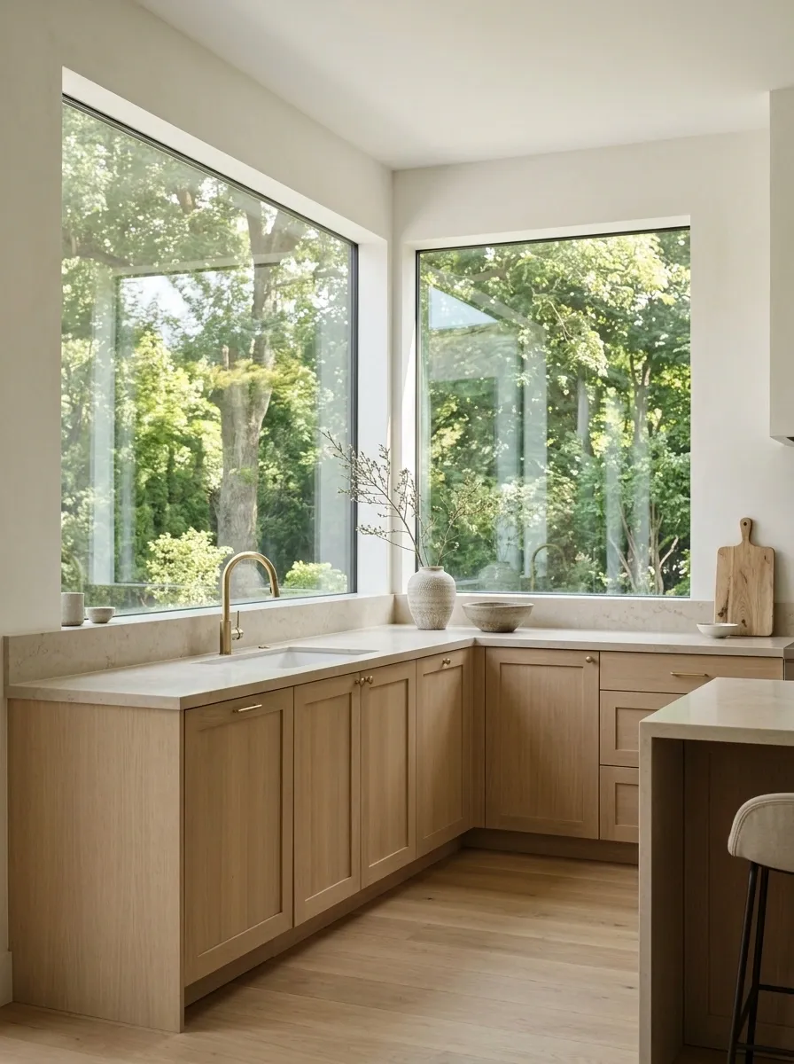 Modern Corner Kitchen With Two Connecting Windows