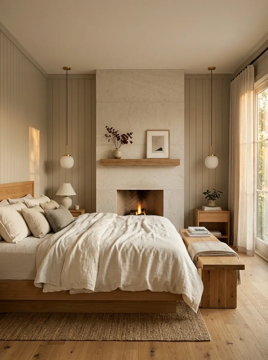 Modern Cottage Bedroom With Mushroom Beadboard and Stone Fireplace