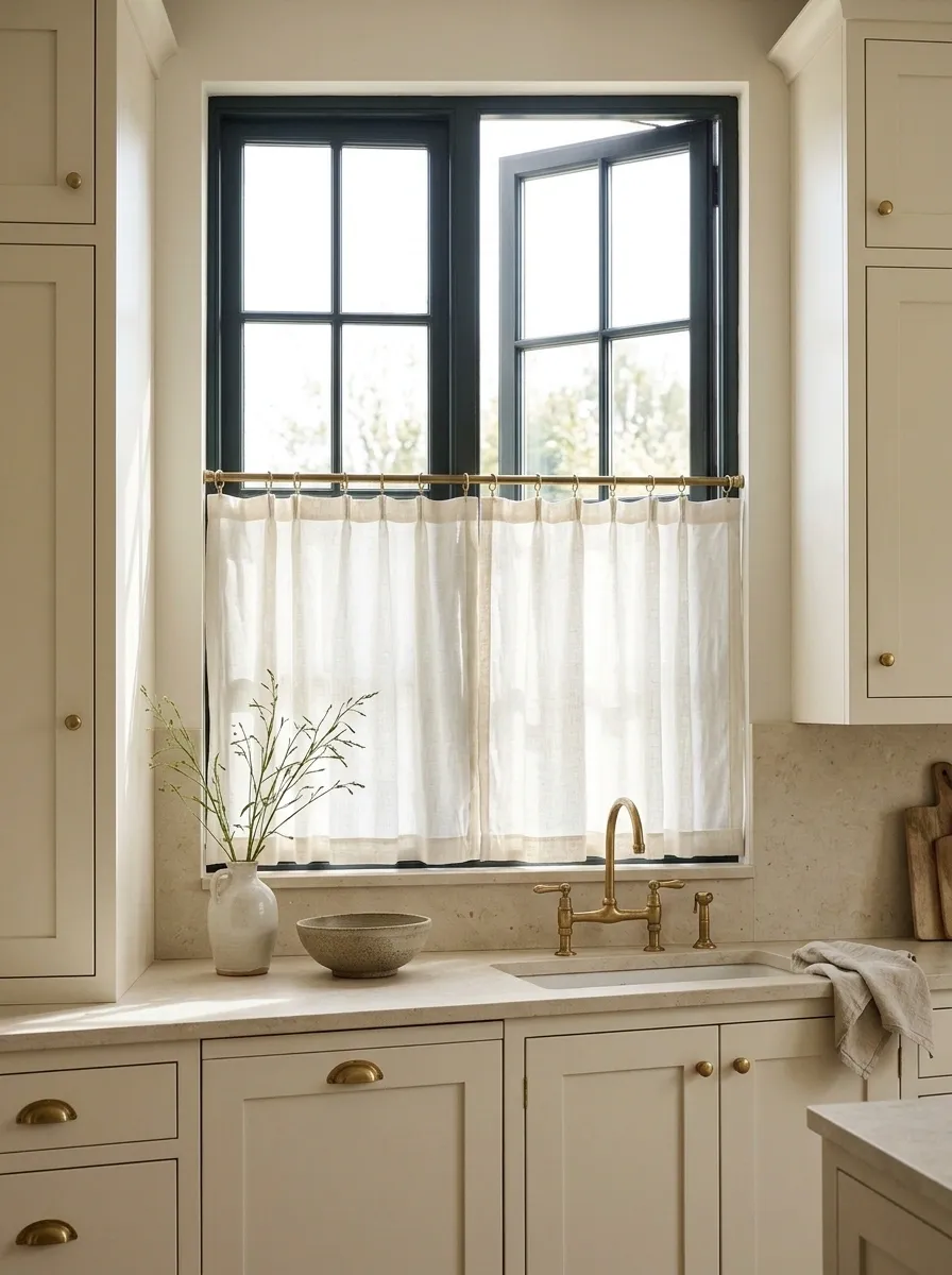 Modern European Kitchen With a Café Curtain