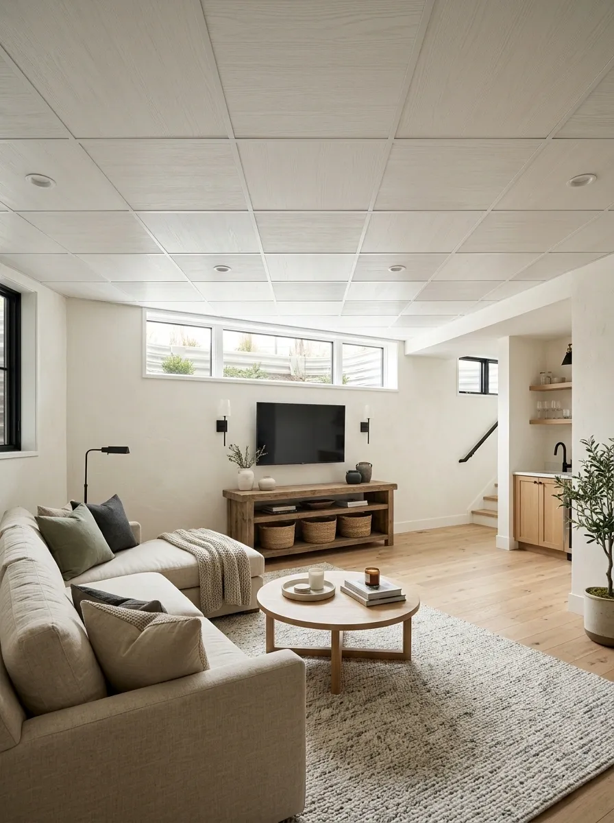 Modern Farmhouse Basement With White Woodgrain Ceiling Panels