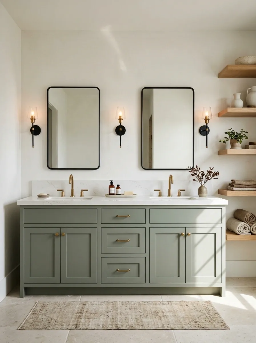 Modern Farmhouse Bathroom With Green Cabinetry and Black Hardware