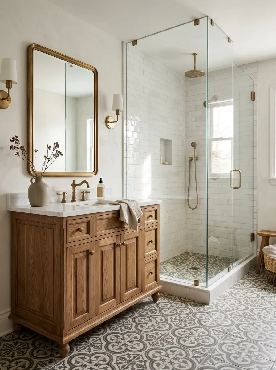 Modern Farmhouse Bathroom With Vintage Furniture and a Clean Glass Shower
