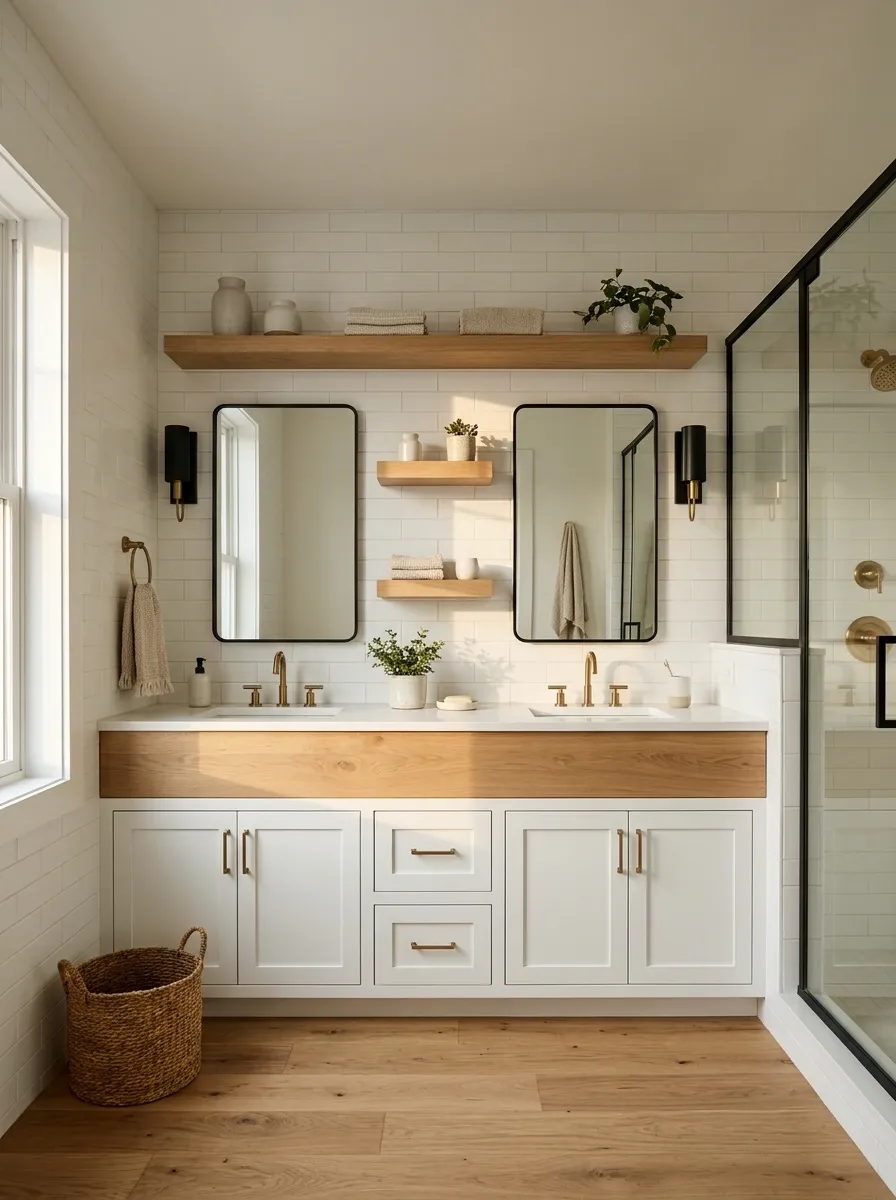 Modern Farmhouse Bathroom With White Cabinetry and Black Fixtures