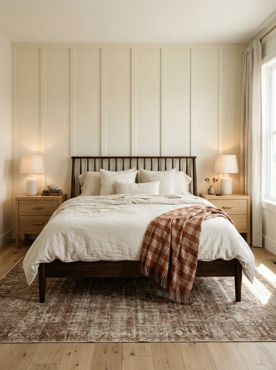 Modern Farmhouse Bedroom With a Dark Wood Bed and Rust Plaid
