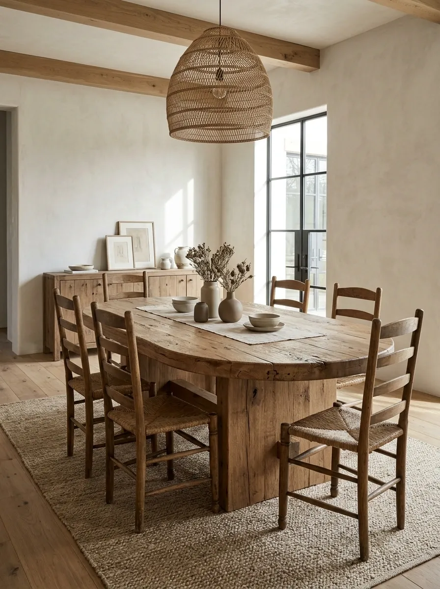 Modern Farmhouse Dining Room With a Thick Rustic Oak Table