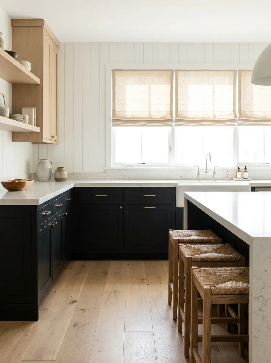 Modern Farmhouse Kitchen With Black Lower Cabinets and White Walls