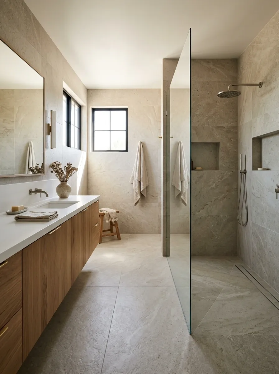 Modern Farmhouse Wet Room With Textured Stone and Frameless Glass