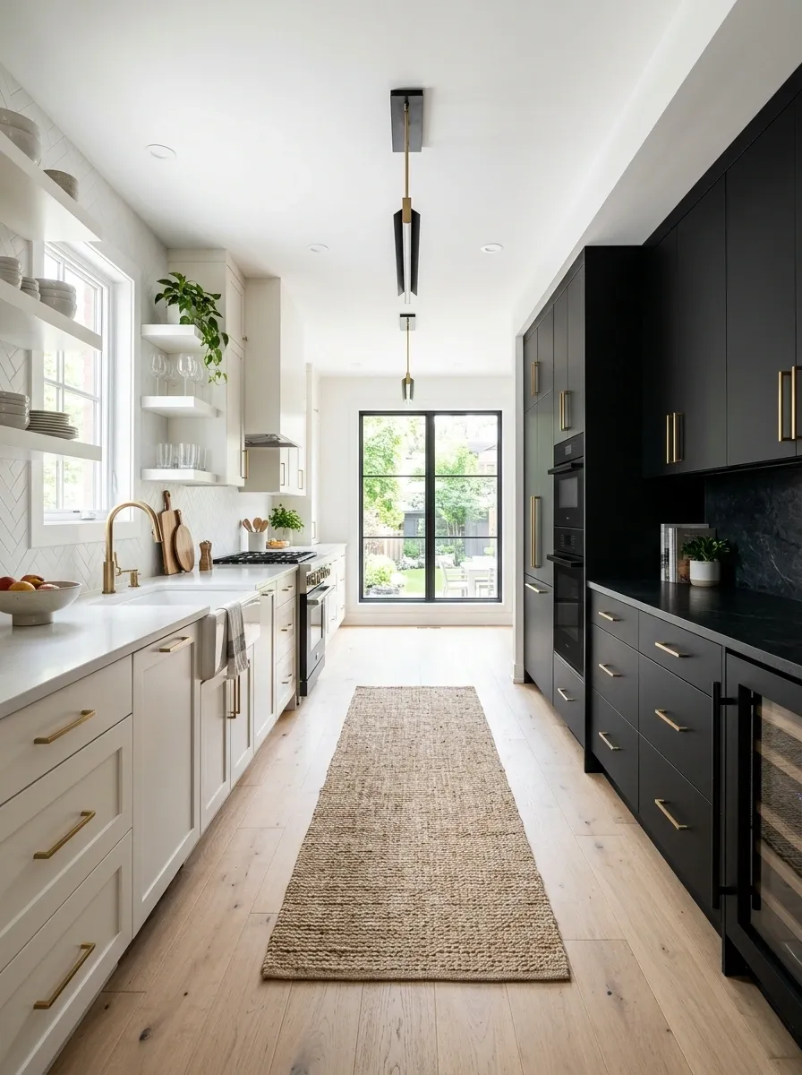 Modern Galley Kitchen With Opposing Black and White Runs